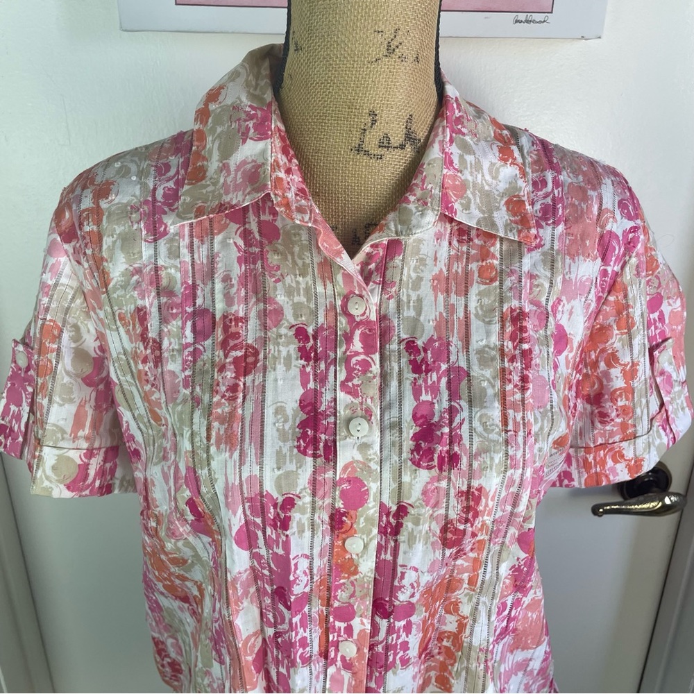 JM Collection Pink Multicolor Blouse Woman Top Shirt Hawaiian Button Up Size 10 - Picture 6 of 9